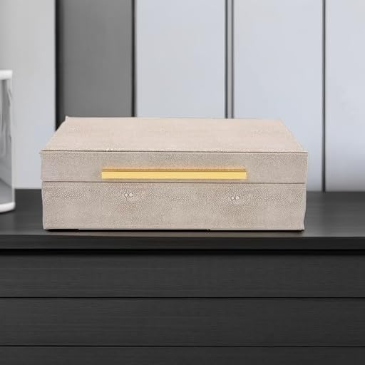 XIGEXIGE Set of 3 Beige Shagreen Decorative Storage Boxes with Black Metal Handles –Faux Leather Large Modern Stackable Nesting Jewelry Box with Lids Organizer