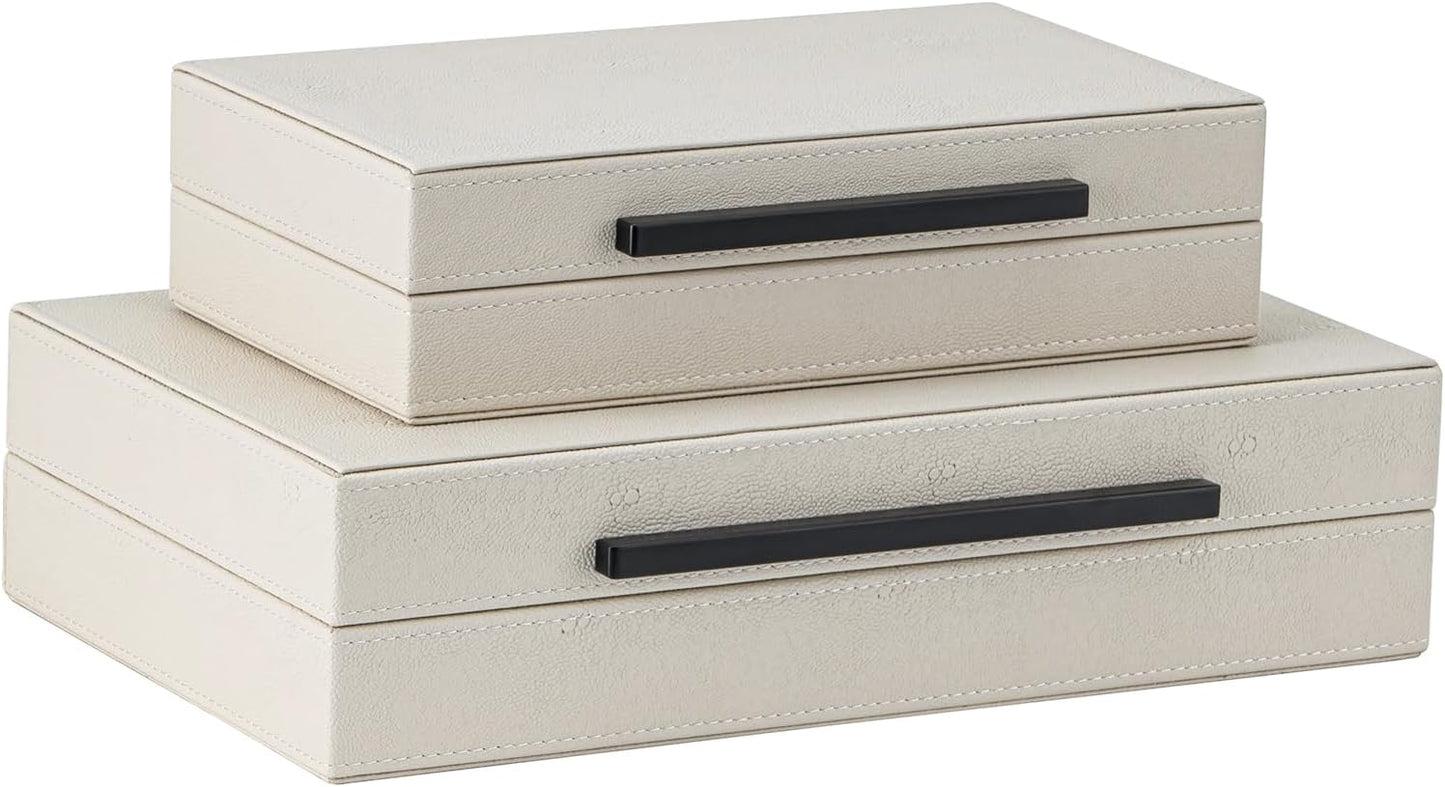 XIGEXIGE Set of 3 Beige Shagreen Decorative Storage Boxes with Black Metal Handles –Faux Leather Large Modern Stackable Nesting Jewelry Box with Lids Organizer