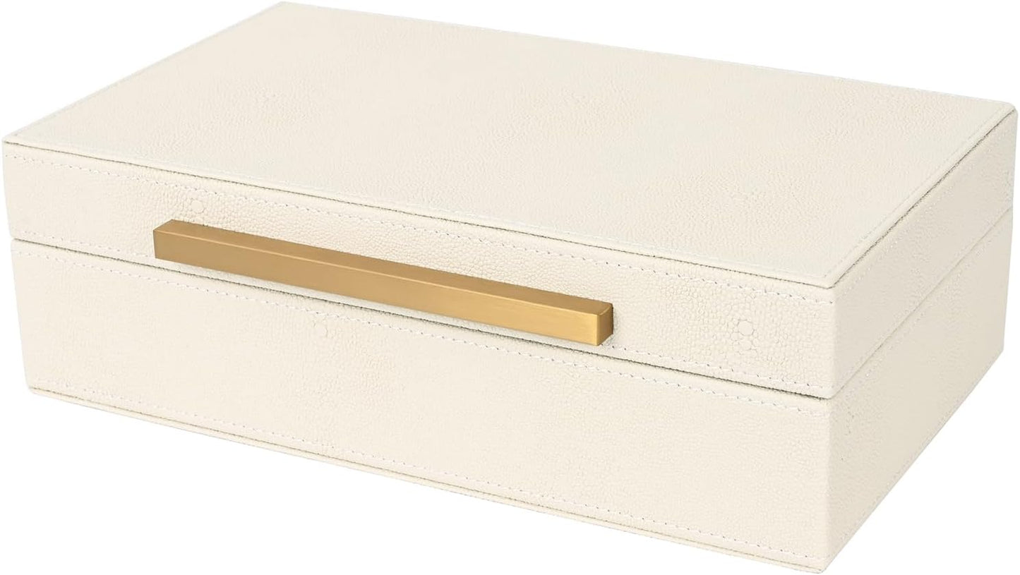 XIGEXIGE Set of 3 Beige Shagreen Decorative Storage Boxes with Black Metal Handles –Faux Leather Large Modern Stackable Nesting Jewelry Box with Lids Organizer