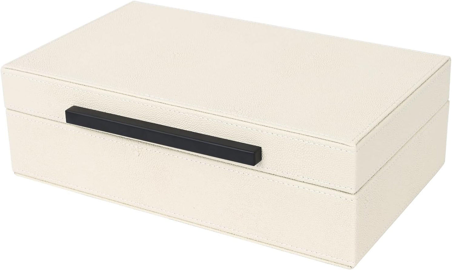 XIGEXIGE Set of 3 Beige Shagreen Decorative Storage Boxes with Black Metal Handles –Faux Leather Large Modern Stackable Nesting Jewelry Box with Lids Organizer