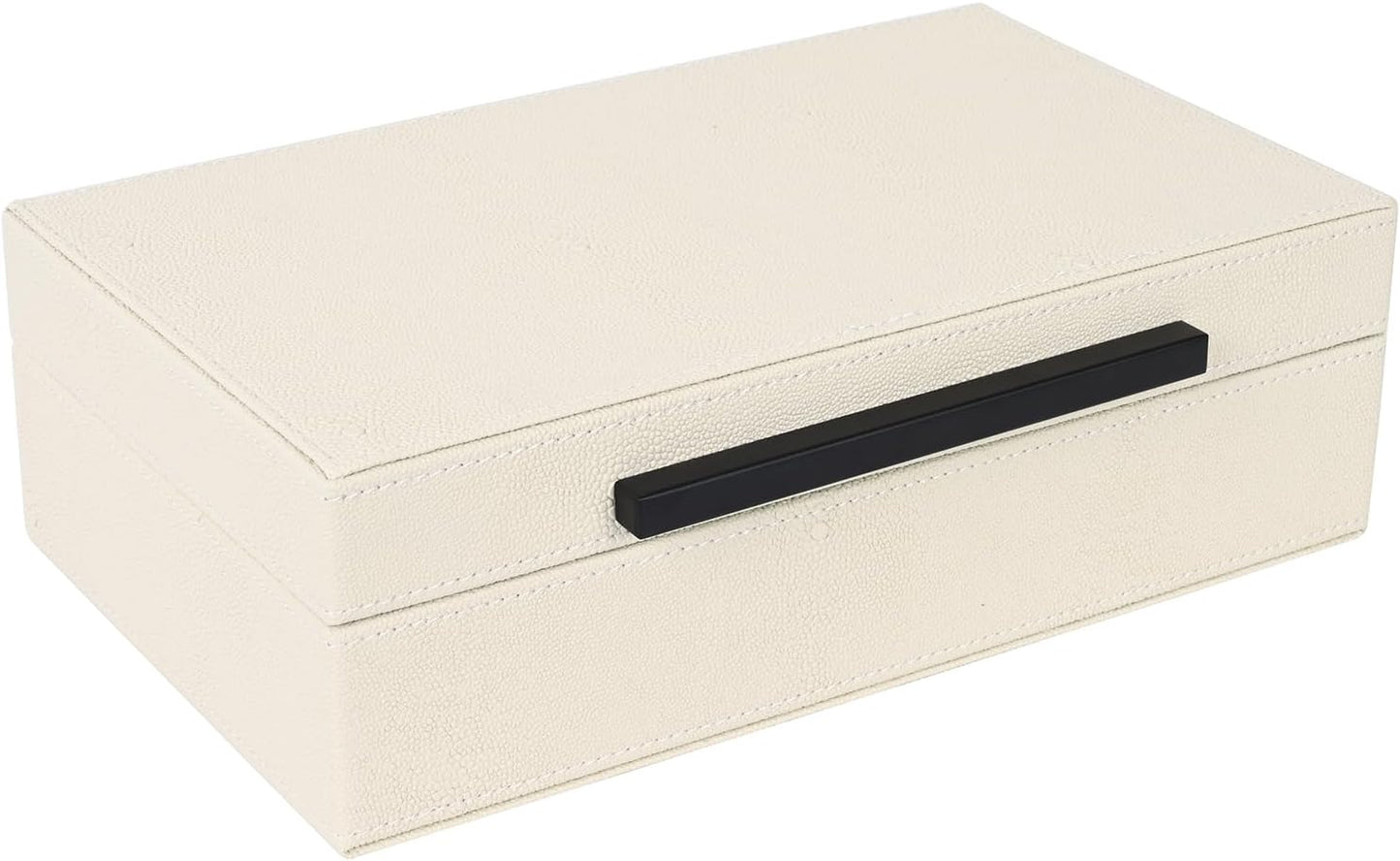 XIGEXIGE Set of 3 Beige Shagreen Decorative Storage Boxes with Black Metal Handles –Faux Leather Large Modern Stackable Nesting Jewelry Box with Lids Organizer