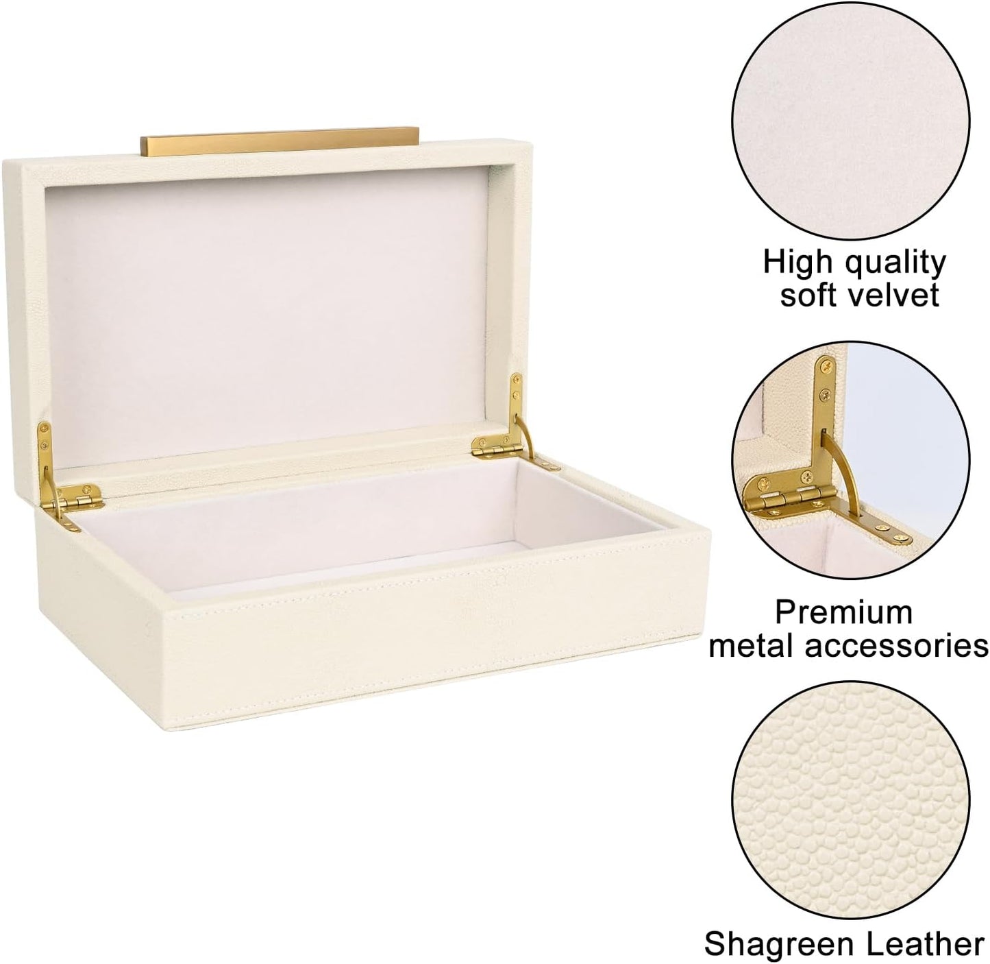 XIGEXIGE Set of 3 Beige Shagreen Decorative Storage Boxes with Black Metal Handles –Faux Leather Large Modern Stackable Nesting Jewelry Box with Lids Organizer