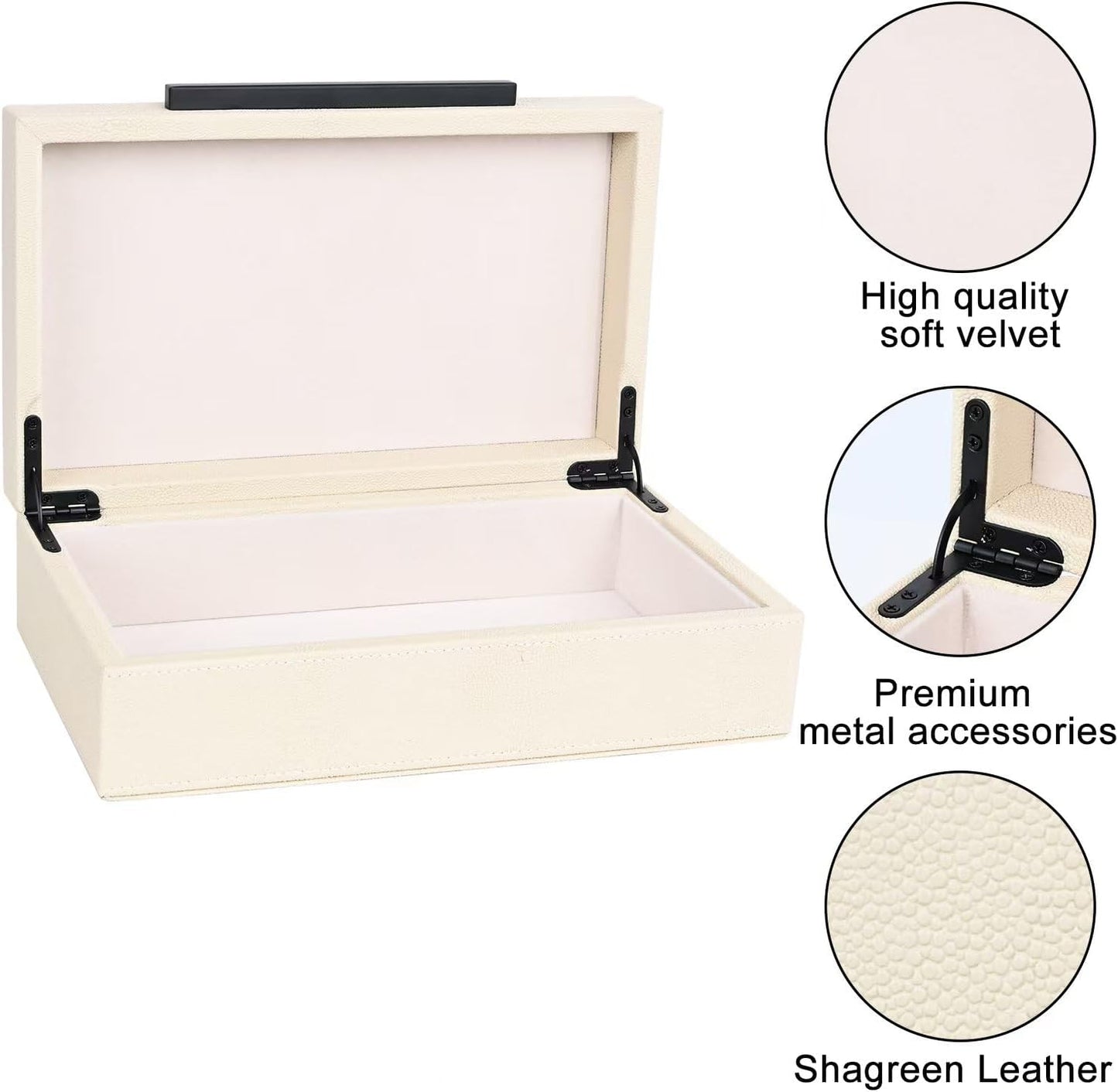 XIGEXIGE Set of 3 Beige Shagreen Decorative Storage Boxes with Black Metal Handles –Faux Leather Large Modern Stackable Nesting Jewelry Box with Lids Organizer