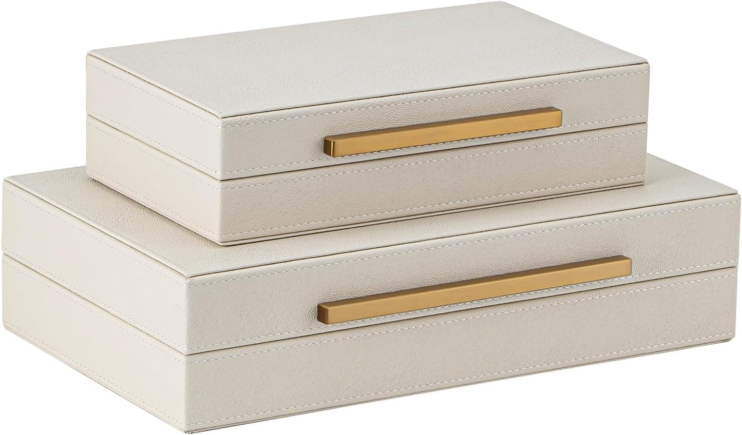 XIGEXIGE Set of 3 Beige Shagreen Decorative Storage Boxes with Black Metal Handles –Faux Leather Large Modern Stackable Nesting Jewelry Box with Lids Organizer
