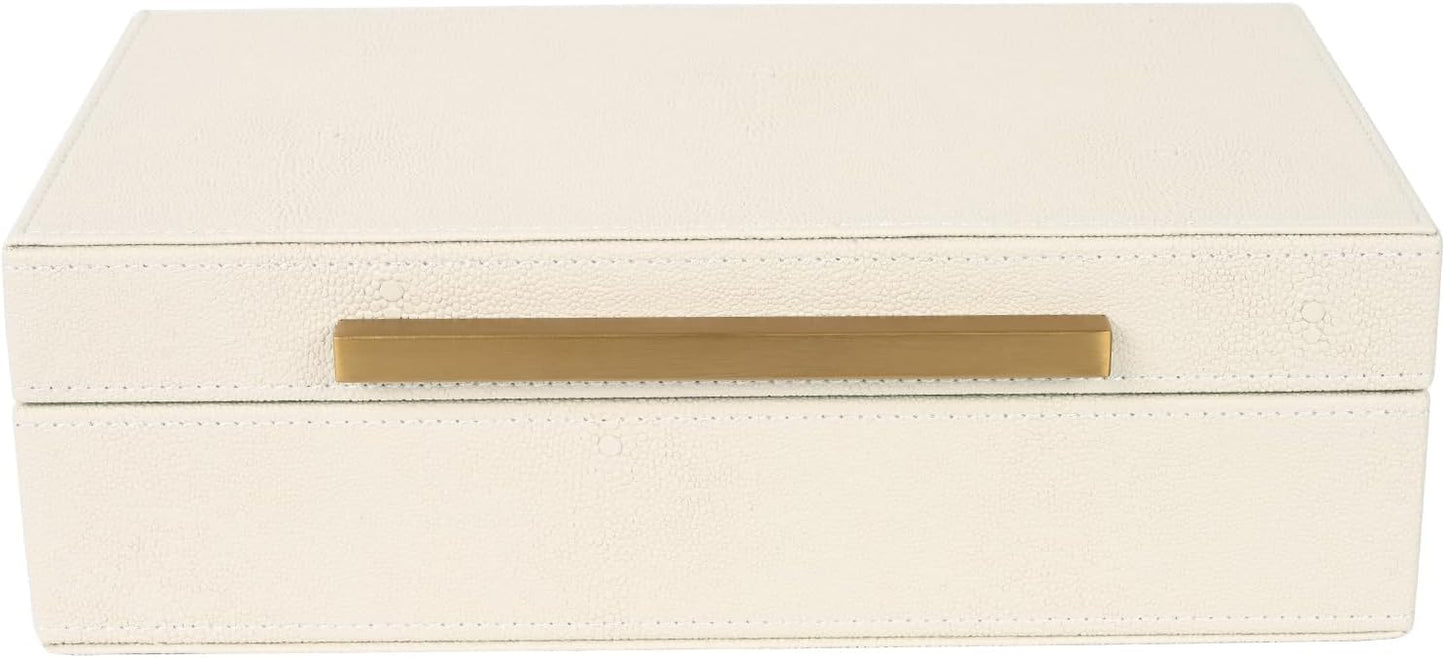 XIGEXIGE Set of 3 Beige Shagreen Decorative Storage Boxes with Black Metal Handles –Faux Leather Large Modern Stackable Nesting Jewelry Box with Lids Organizer