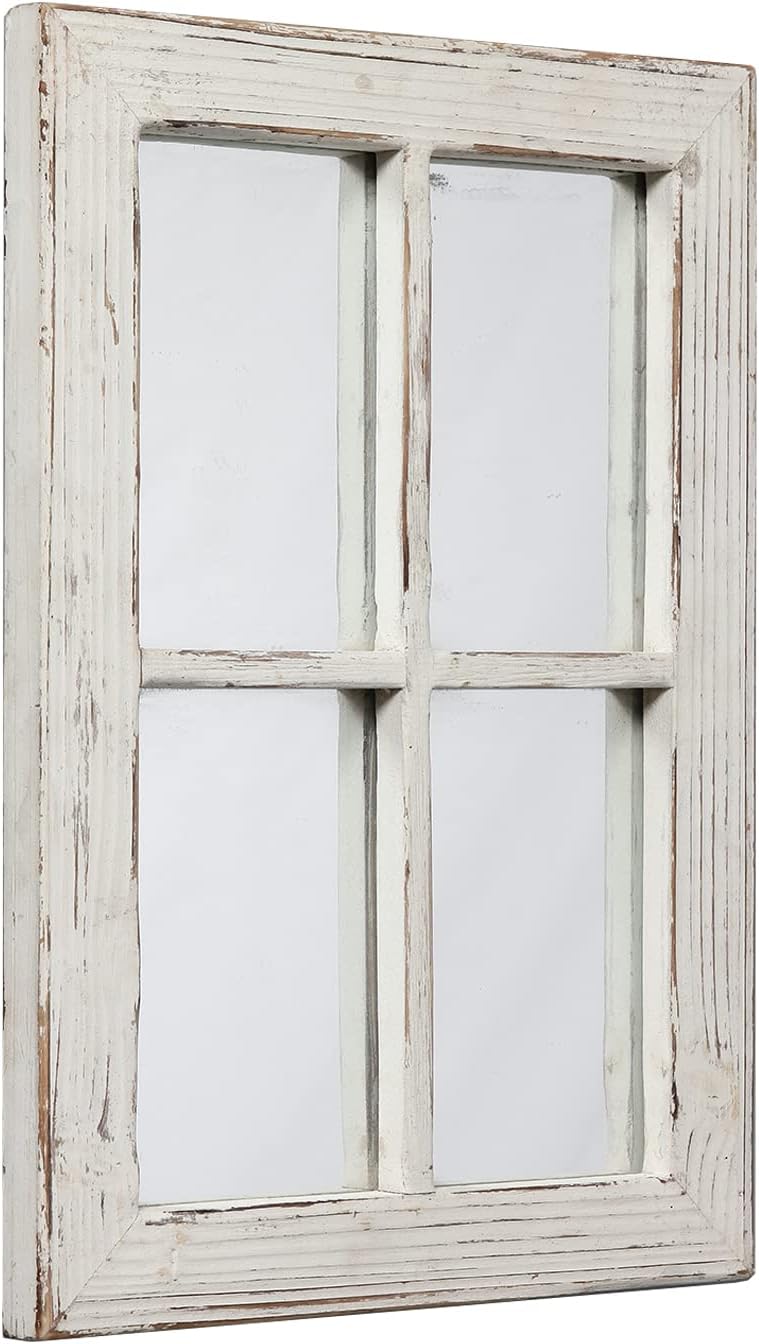 Rustic Small Window Pane Mirror Wall Decor 11" x 16" | Handmade Distressed White, Hanging Farmhouse Rectangle Wood Frame Decorative Mirrors for Living Room Bedroom Christmas