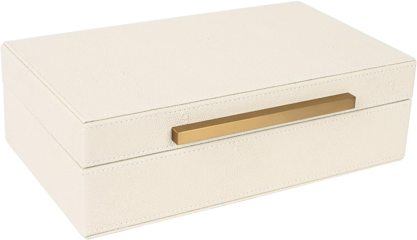 XIGEXIGE Set of 3 Beige Shagreen Decorative Storage Boxes with Black Metal Handles –Faux Leather Large Modern Stackable Nesting Jewelry Box with Lids Organizer