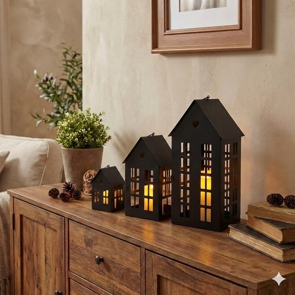 TRIROCKS 3 Pcs Decorative Mantel Shelf Tea Light Lanterns 13.5"&9.5"&5.5"H Village Farmhouse House Candle Holders for Home Decor Patio Wedding Parties Christmas Ornaments Indoors Outdoors(Cream White)