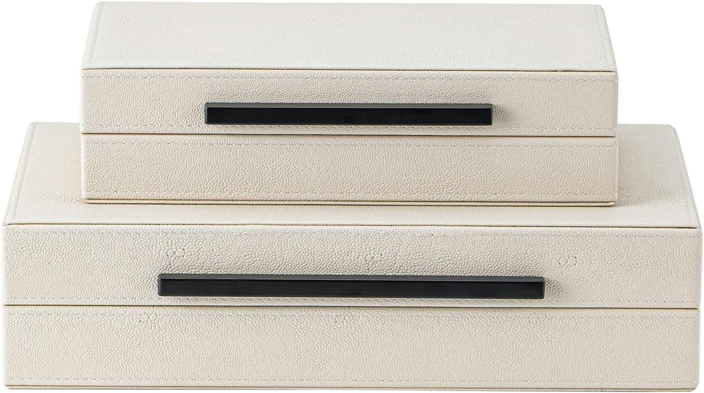XIGEXIGE Set of 3 Beige Shagreen Decorative Storage Boxes with Black Metal Handles –Faux Leather Large Modern Stackable Nesting Jewelry Box with Lids Organizer