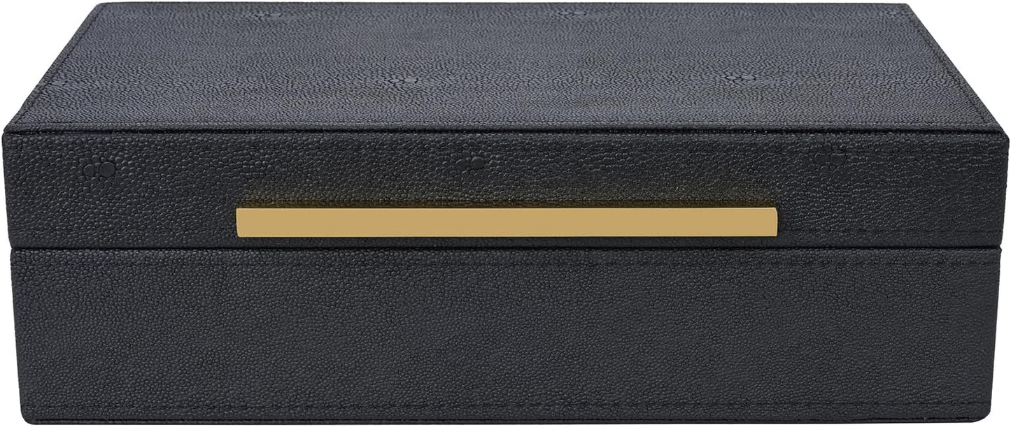 XIGEXIGE Set of 3 Beige Shagreen Decorative Storage Boxes with Black Metal Handles –Faux Leather Large Modern Stackable Nesting Jewelry Box with Lids Organizer