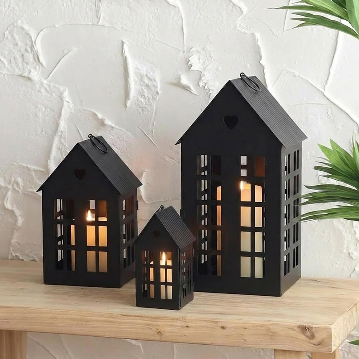 TRIROCKS 3 Pcs Decorative Mantel Shelf Tea Light Lanterns 13.5"&9.5"&5.5"H Village Farmhouse House Candle Holders for Home Decor Patio Wedding Parties Christmas Ornaments Indoors Outdoors(Cream White)