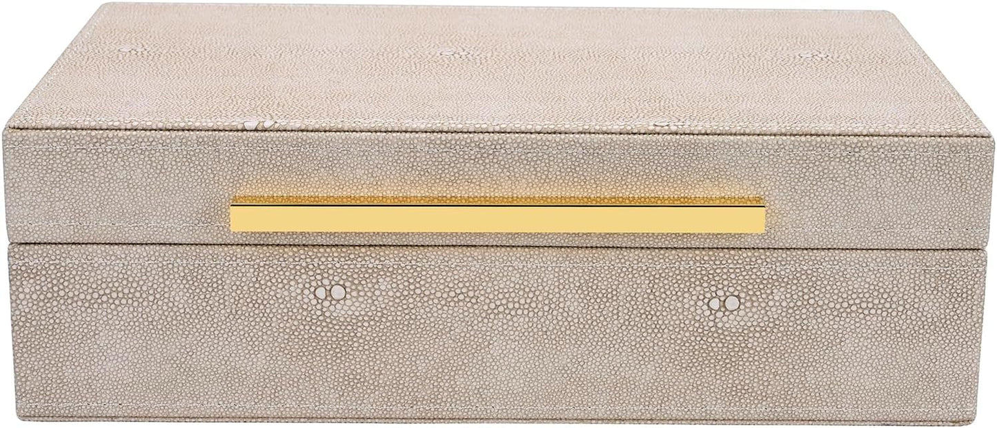 XIGEXIGE Set of 3 Beige Shagreen Decorative Storage Boxes with Black Metal Handles –Faux Leather Large Modern Stackable Nesting Jewelry Box with Lids Organizer