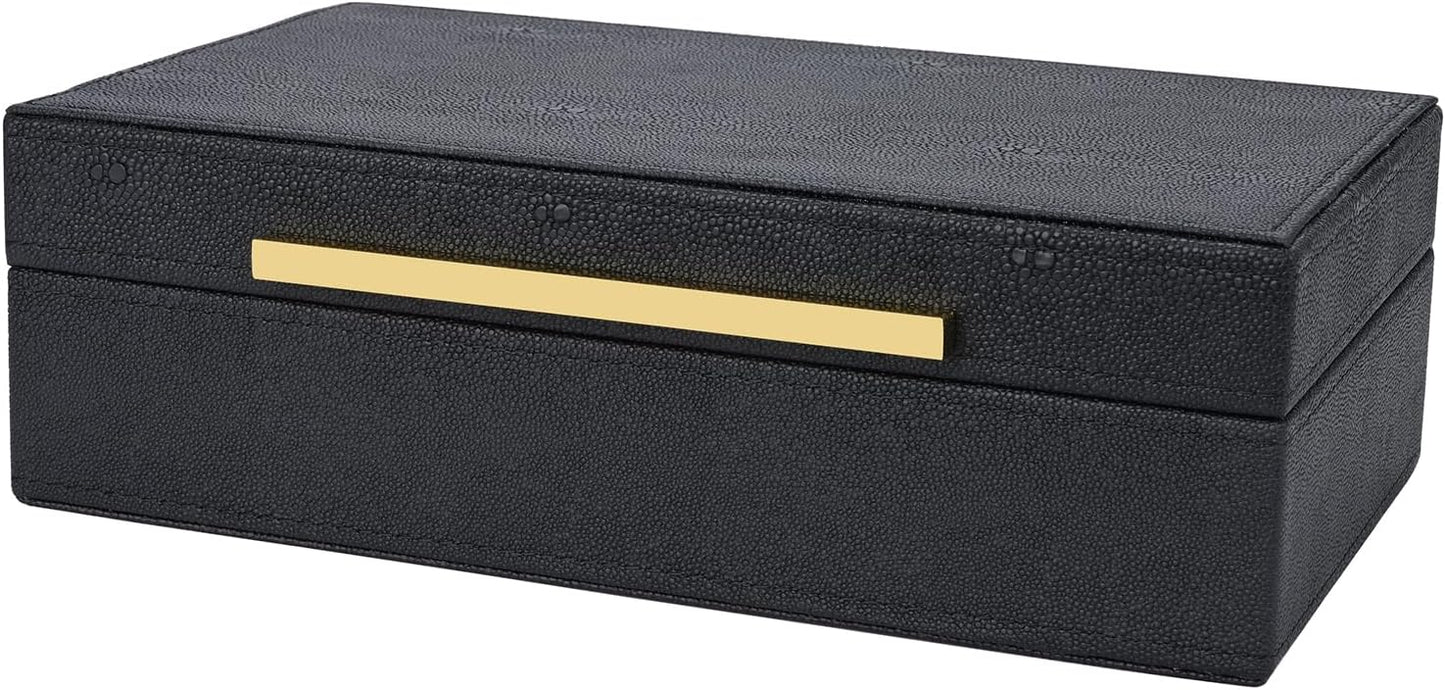 XIGEXIGE Set of 3 Beige Shagreen Decorative Storage Boxes with Black Metal Handles –Faux Leather Large Modern Stackable Nesting Jewelry Box with Lids Organizer