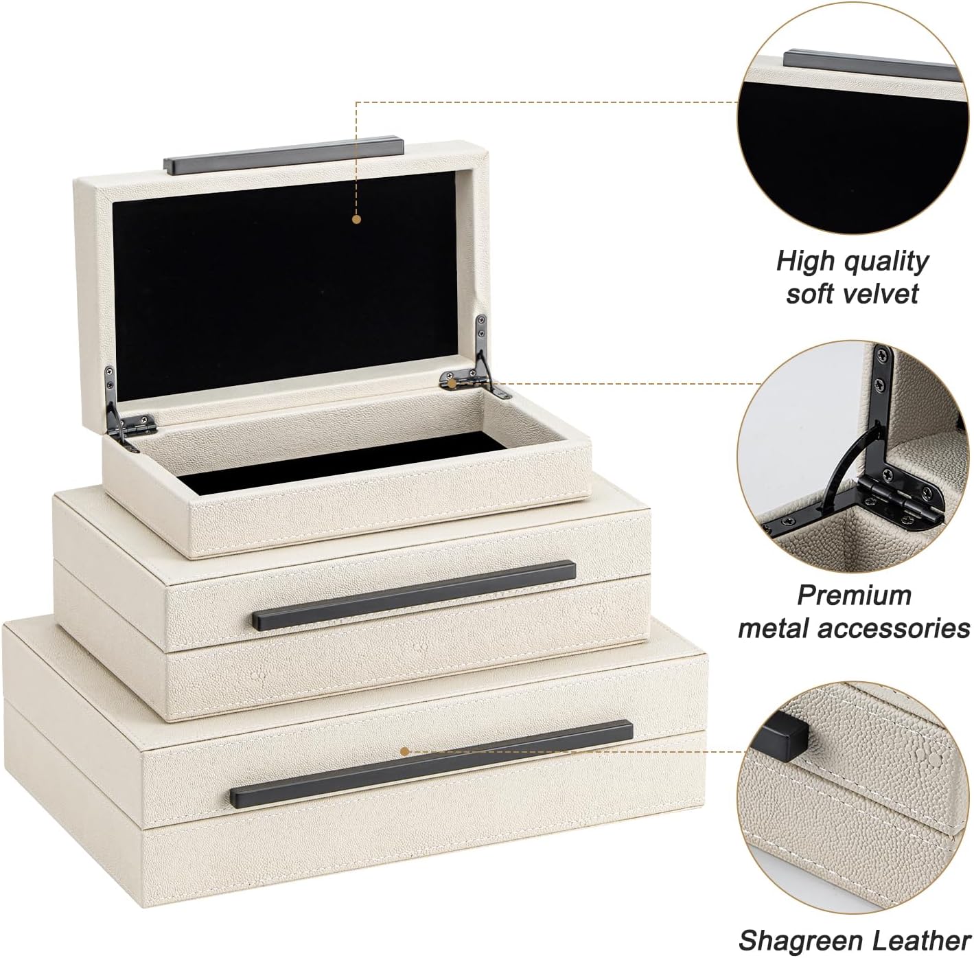 XIGEXIGE Set of 3 Beige Shagreen Decorative Storage Boxes with Black Metal Handles –Faux Leather Large Modern Stackable Nesting Jewelry Box with Lids Organizer