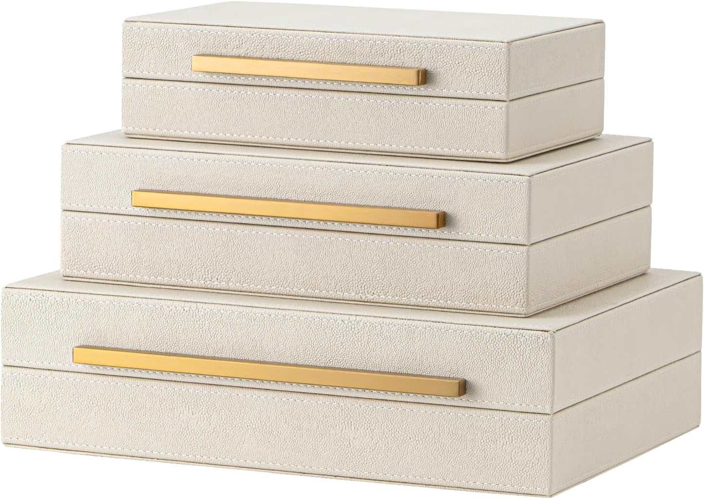 XIGEXIGE Set of 3 Beige Shagreen Decorative Storage Boxes with Black Metal Handles –Faux Leather Large Modern Stackable Nesting Jewelry Box with Lids Organizer