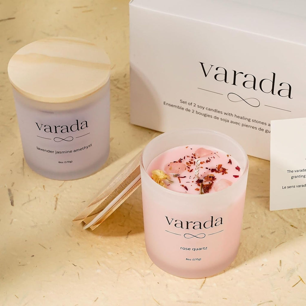 Aromatherapy Soy Candle Gift Set with Healing Crystals and Dried Flowers