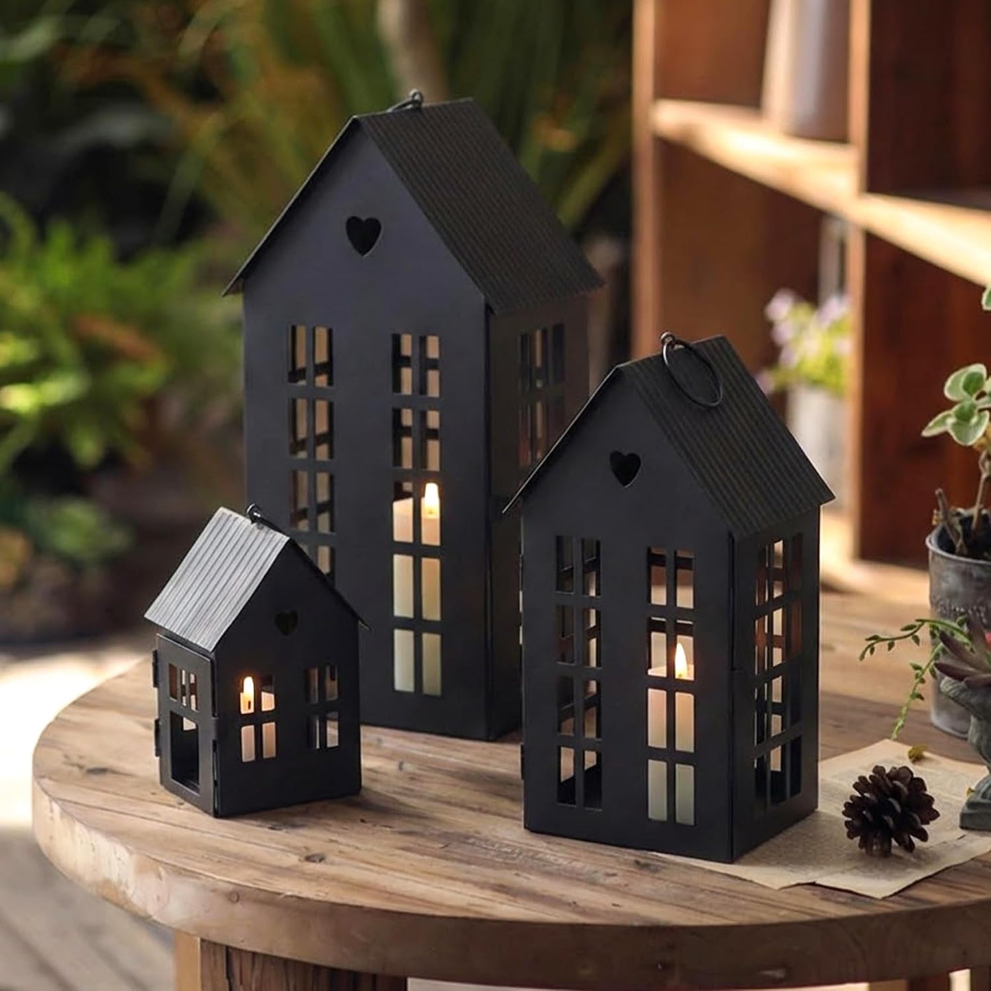 TRIROCKS 3 Pcs Decorative Mantel Shelf Tea Light Lanterns 13.5"&9.5"&5.5"H Village Farmhouse House Candle Holders for Home Decor Patio Wedding Parties Christmas Ornaments Indoors Outdoors(Cream White)