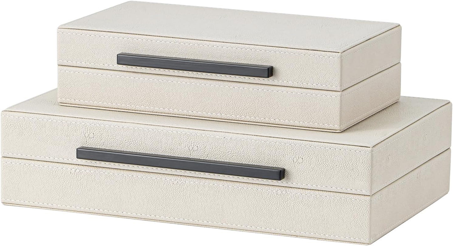 XIGEXIGE Set of 3 Beige Shagreen Decorative Storage Boxes with Black Metal Handles –Faux Leather Large Modern Stackable Nesting Jewelry Box with Lids Organizer