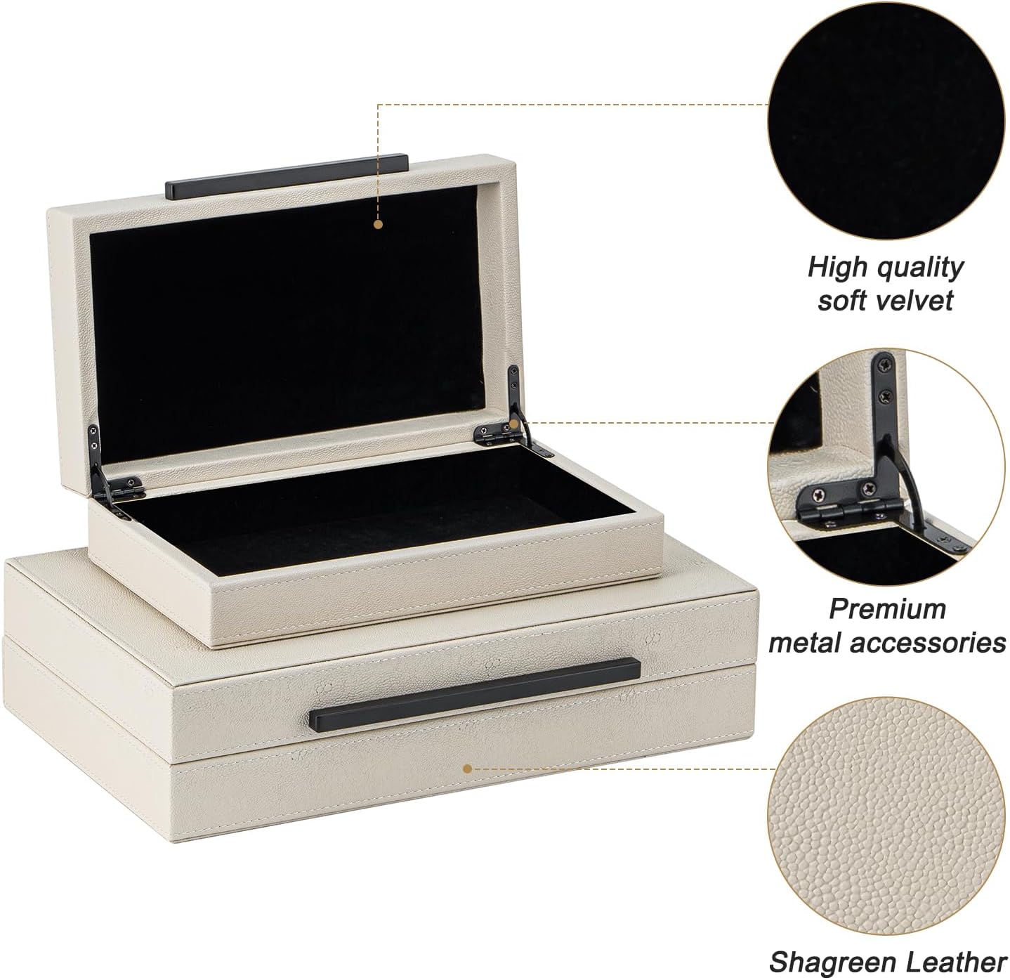 XIGEXIGE Set of 3 Beige Shagreen Decorative Storage Boxes with Black Metal Handles –Faux Leather Large Modern Stackable Nesting Jewelry Box with Lids Organizer