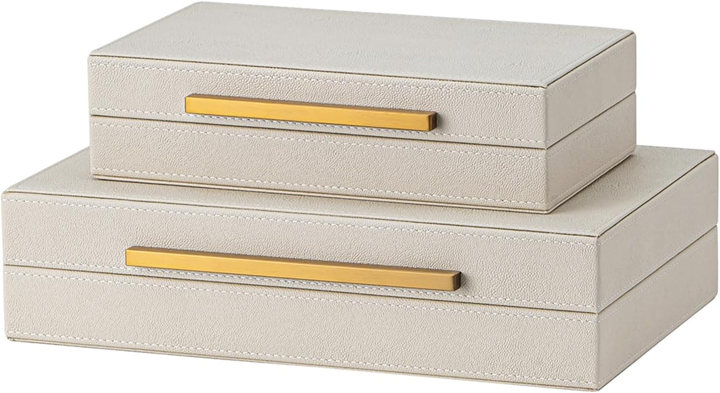 XIGEXIGE Set of 3 Beige Shagreen Decorative Storage Boxes with Black Metal Handles –Faux Leather Large Modern Stackable Nesting Jewelry Box with Lids Organizer