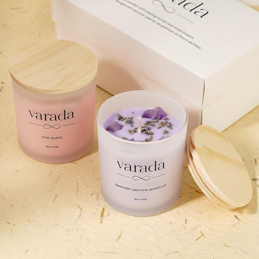 Aromatherapy Soy Candle Gift Set with Healing Crystals and Dried Flowers