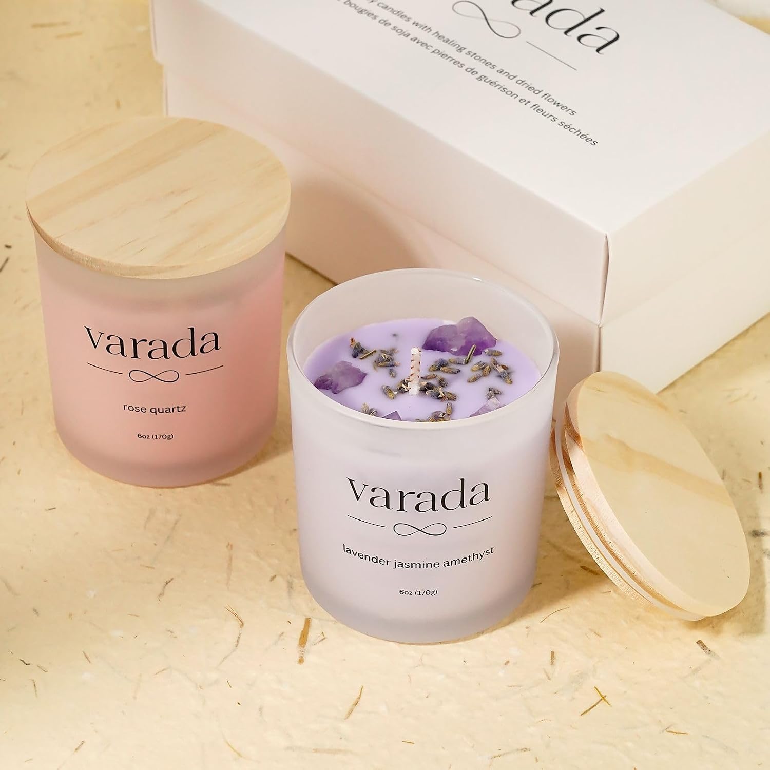Aromatherapy Soy Candle Gift Set with Healing Crystals and Dried Flowers
