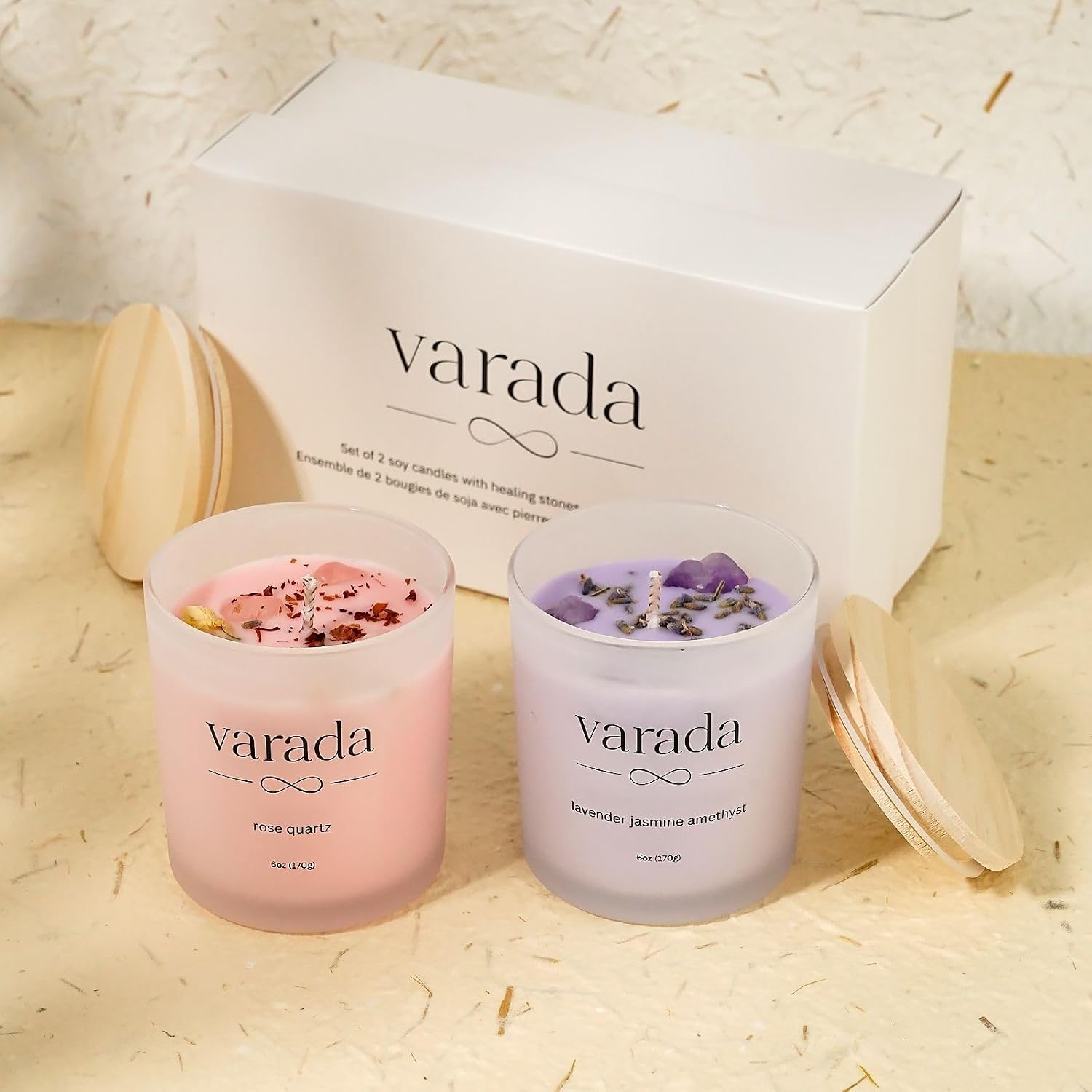 Aromatherapy Soy Candle Gift Set with Healing Crystals and Dried Flowers