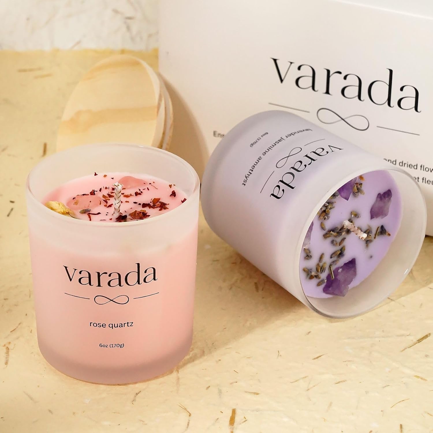 Aromatherapy Soy Candle Gift Set with Healing Crystals and Dried Flowers
