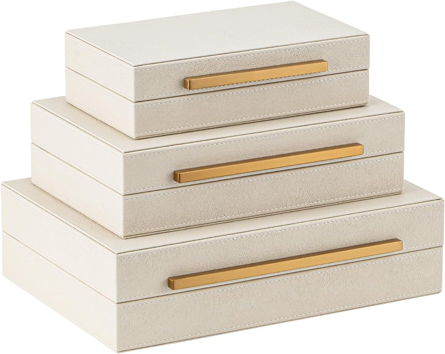 XIGEXIGE Set of 3 Beige Shagreen Decorative Storage Boxes with Black Metal Handles –Faux Leather Large Modern Stackable Nesting Jewelry Box with Lids Organizer