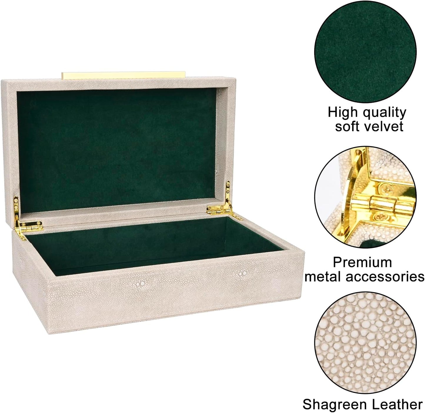 XIGEXIGE Set of 3 Beige Shagreen Decorative Storage Boxes with Black Metal Handles –Faux Leather Large Modern Stackable Nesting Jewelry Box with Lids Organizer