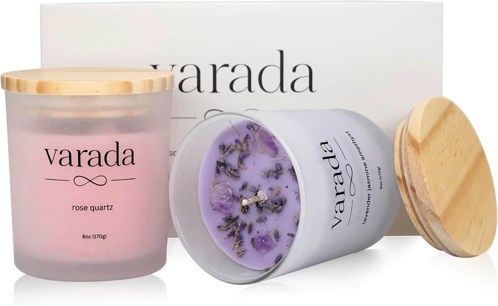 Aromatherapy Soy Candle Gift Set with Healing Crystals and Dried Flowers