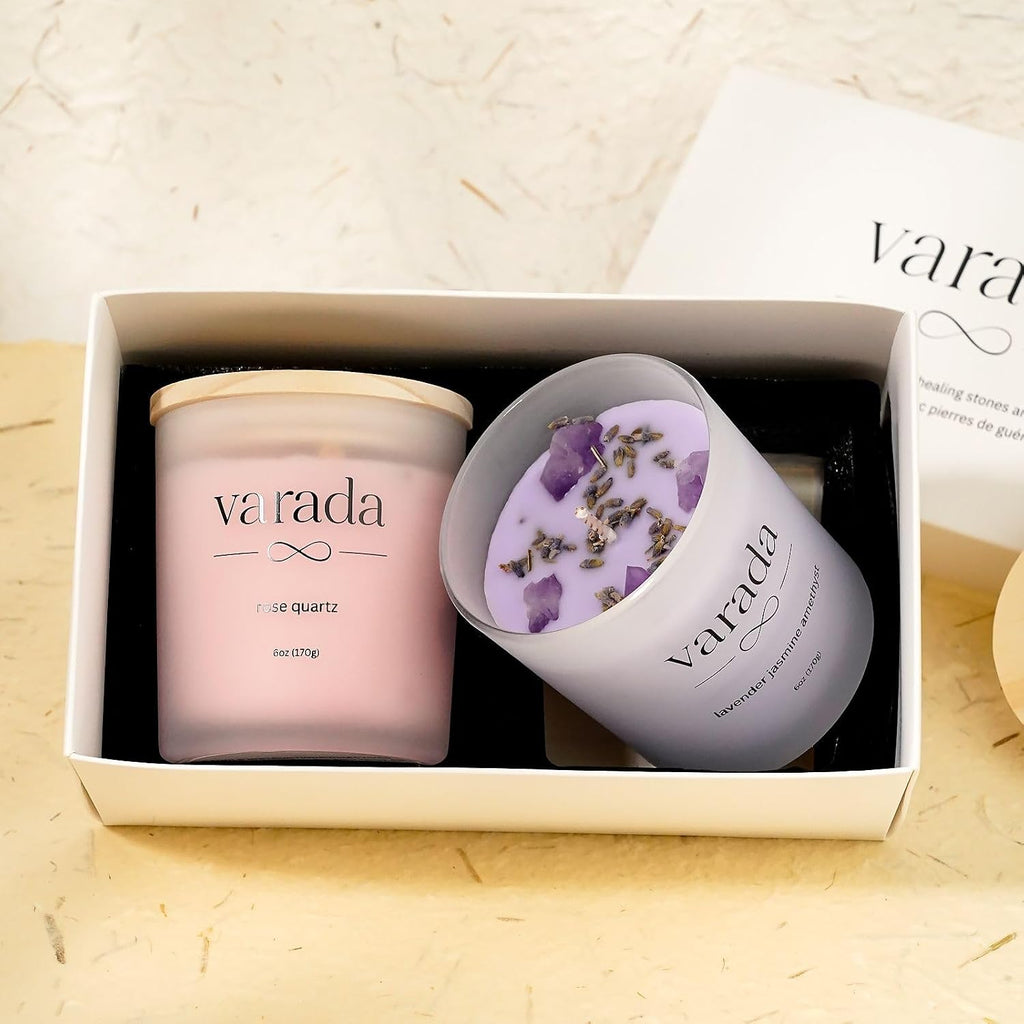 Aromatherapy Soy Candle Gift Set with Healing Crystals and Dried Flowers