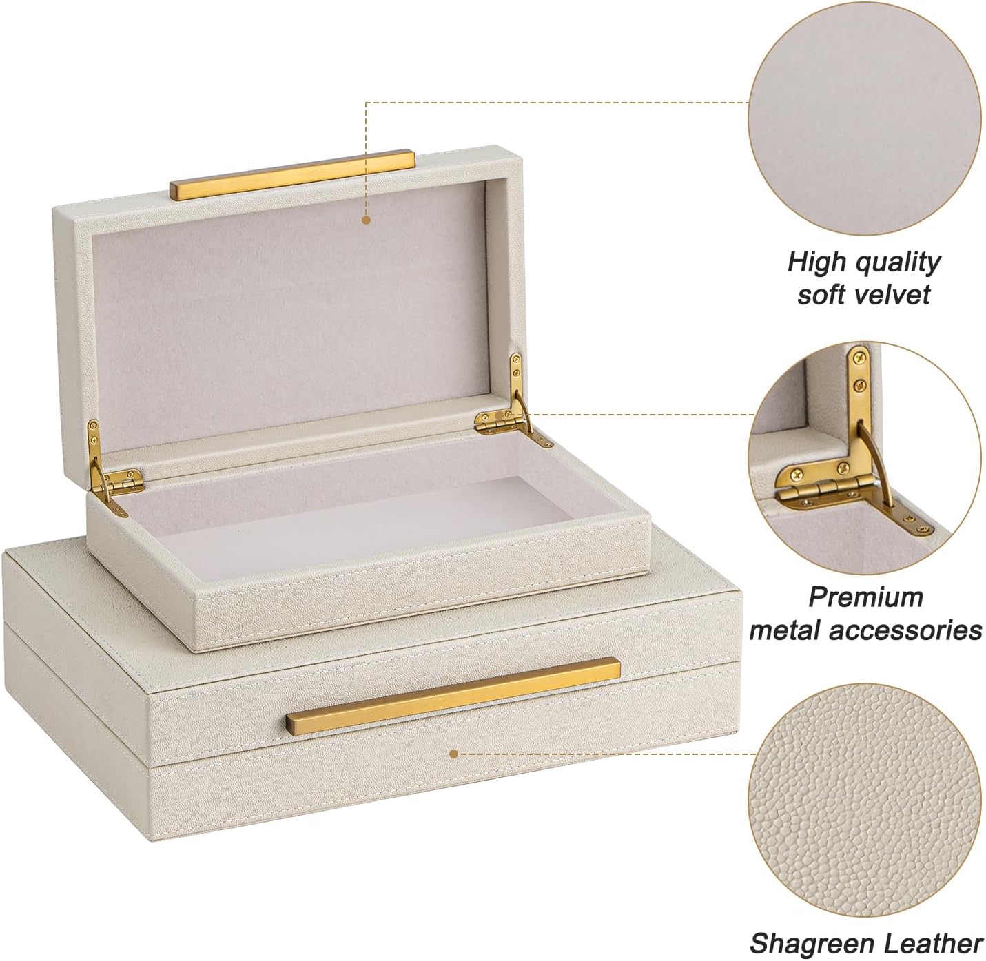 XIGEXIGE Set of 3 Beige Shagreen Decorative Storage Boxes with Black Metal Handles –Faux Leather Large Modern Stackable Nesting Jewelry Box with Lids Organizer