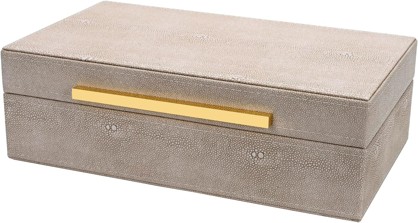 XIGEXIGE Set of 3 Beige Shagreen Decorative Storage Boxes with Black Metal Handles –Faux Leather Large Modern Stackable Nesting Jewelry Box with Lids Organizer
