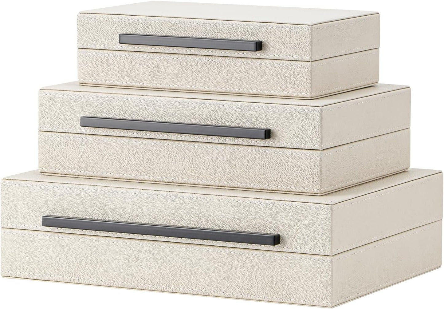 XIGEXIGE Set of 3 Beige Shagreen Decorative Storage Boxes with Black Metal Handles –Faux Leather Large Modern Stackable Nesting Jewelry Box with Lids Organizer