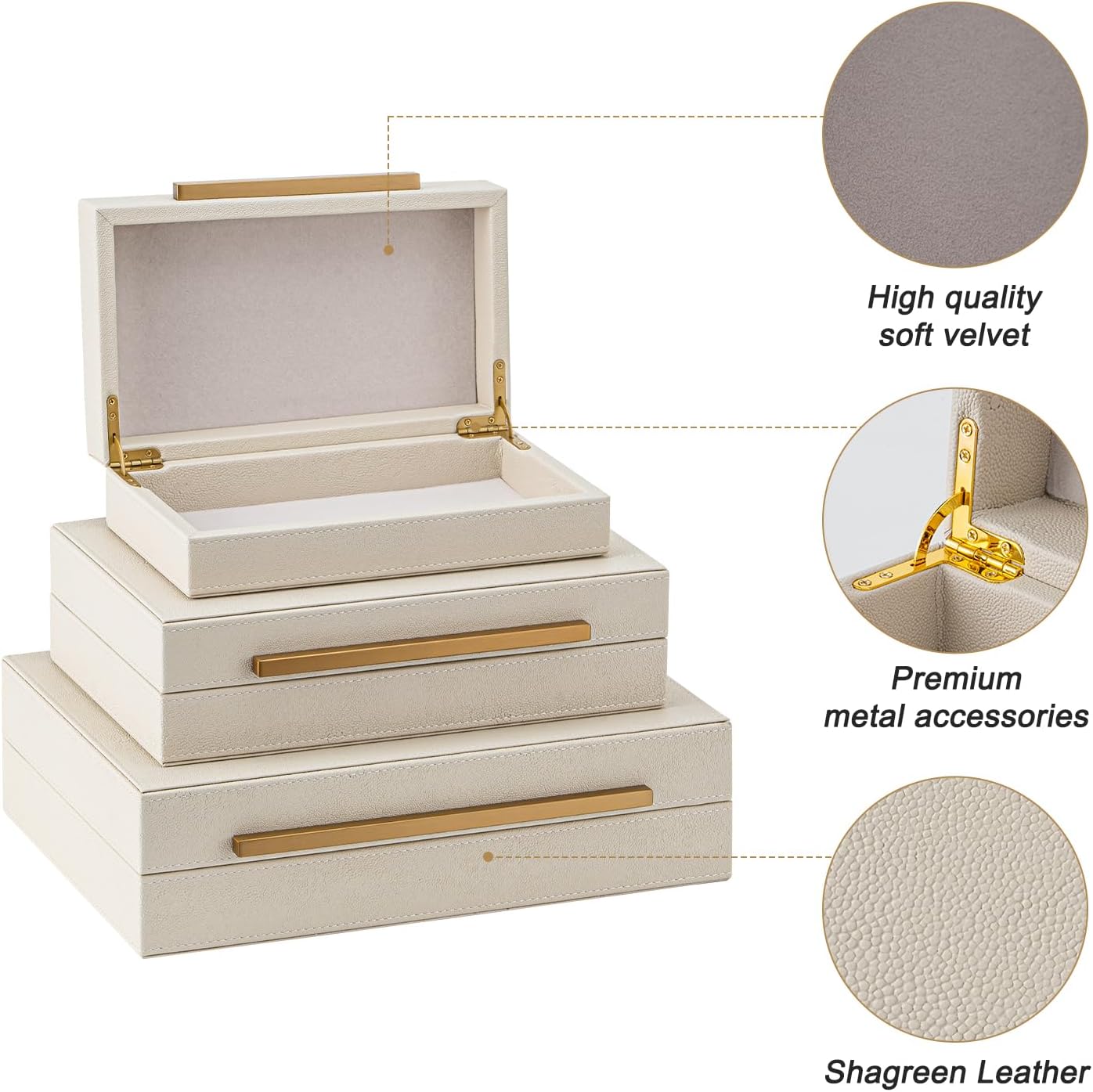 XIGEXIGE Set of 3 Beige Shagreen Decorative Storage Boxes with Black Metal Handles –Faux Leather Large Modern Stackable Nesting Jewelry Box with Lids Organizer