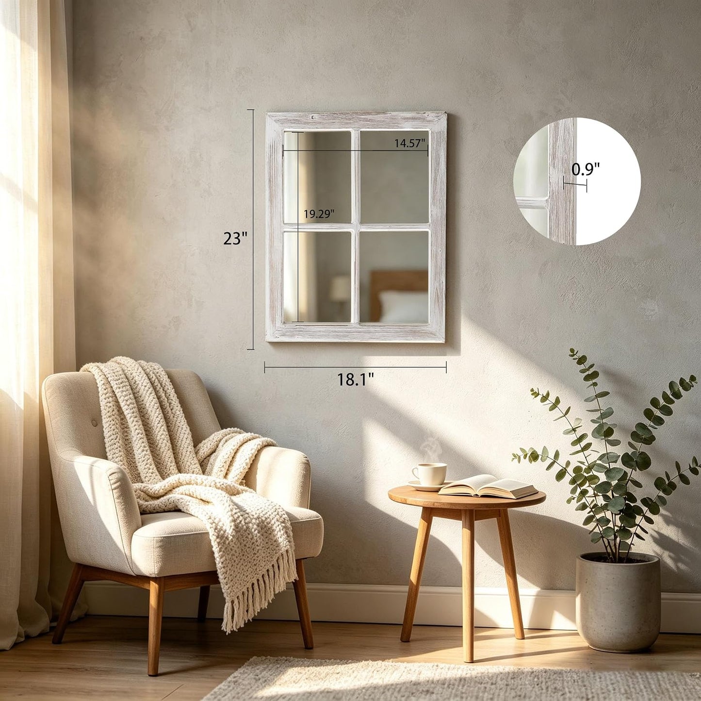 Rustic Small Window Pane Mirror Wall Decor 11" x 16" | Handmade Distressed White, Hanging Farmhouse Rectangle Wood Frame Decorative Mirrors for Living Room Bedroom Christmas