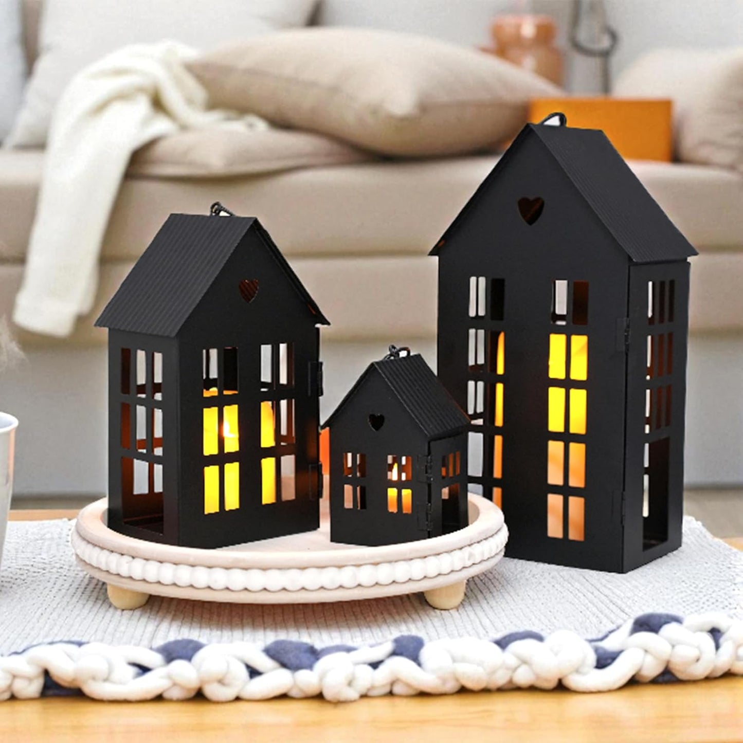 TRIROCKS 3 Pcs Decorative Mantel Shelf Tea Light Lanterns 13.5"&9.5"&5.5"H Village Farmhouse House Candle Holders for Home Decor Patio Wedding Parties Christmas Ornaments Indoors Outdoors(Cream White)