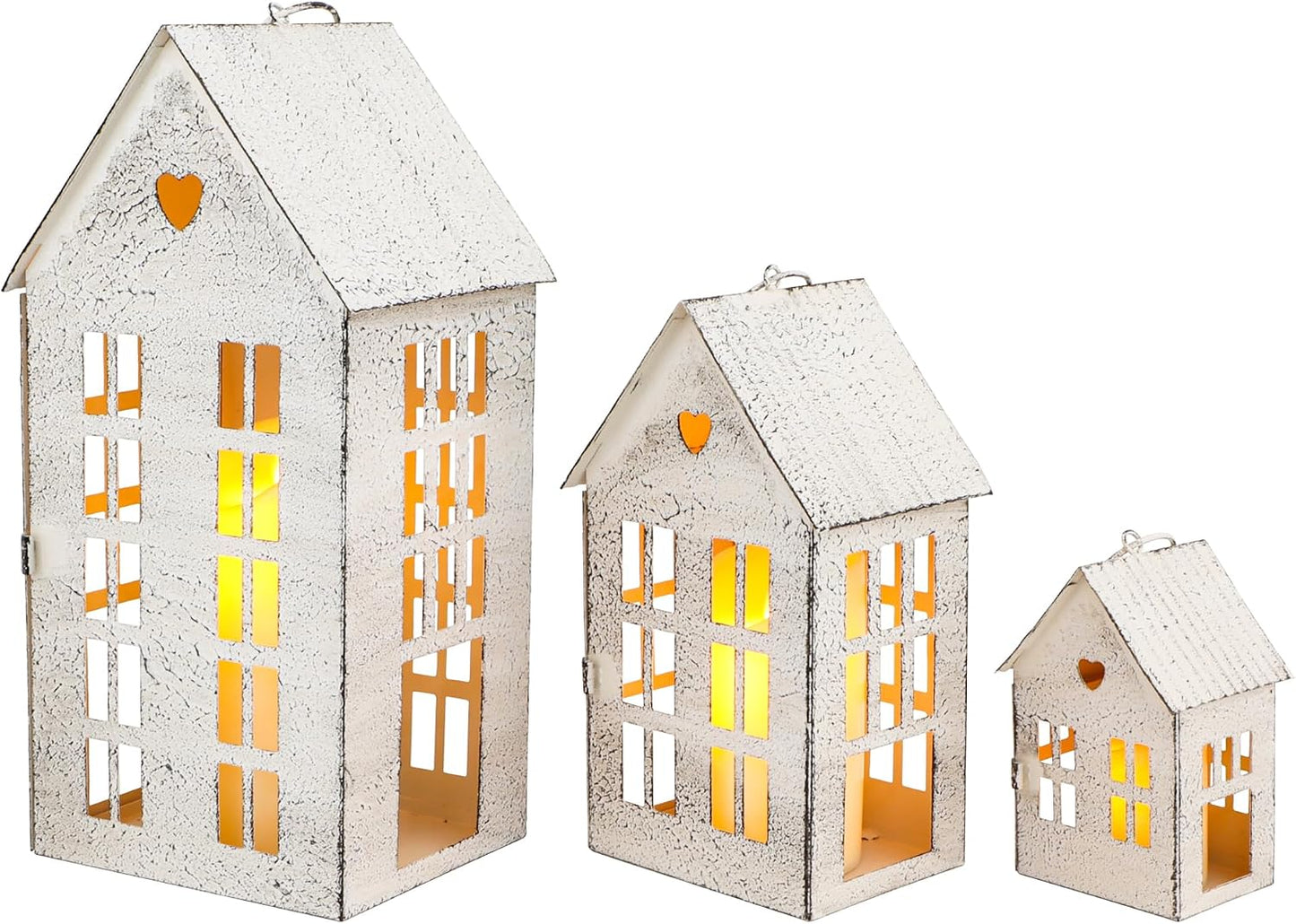TRIROCKS 3 Pcs Decorative Mantel Shelf Tea Light Lanterns 13.5"&9.5"&5.5"H Village Farmhouse House Candle Holders for Home Decor Patio Wedding Parties Christmas Ornaments Indoors Outdoors(Cream White)