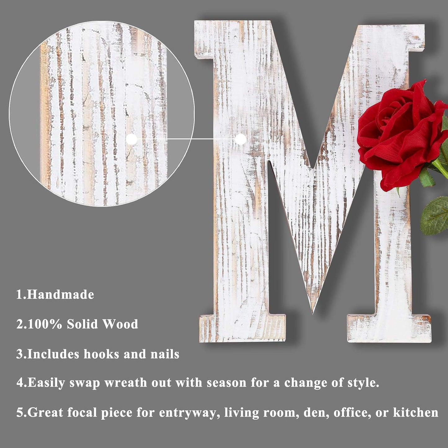 LOSOUR Letters With Wreath - Farmhouse Decor for Home, Wood Letters Decorative Sign for Living Room, Entry Way, Kitchen (White)