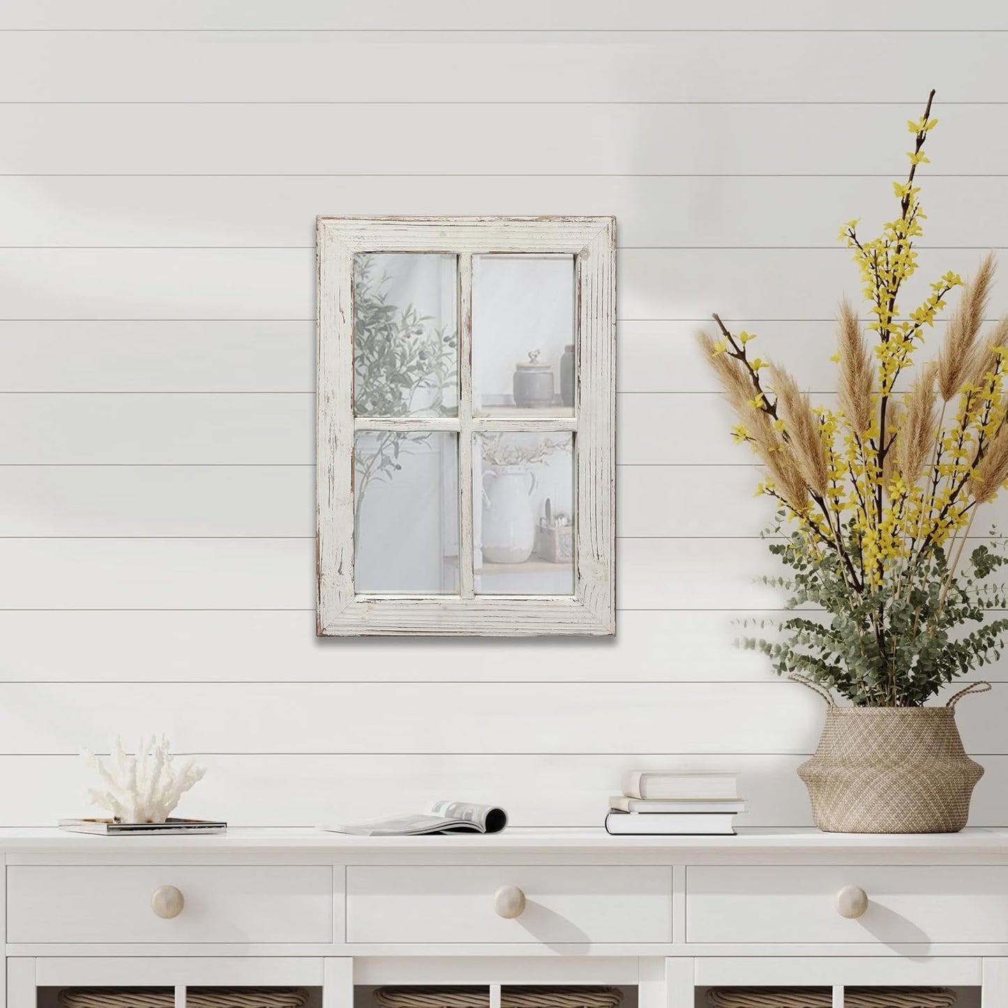 Rustic Small Window Pane Mirror Wall Decor 11" x 16" | Handmade Distressed White, Hanging Farmhouse Rectangle Wood Frame Decorative Mirrors for Living Room Bedroom Christmas