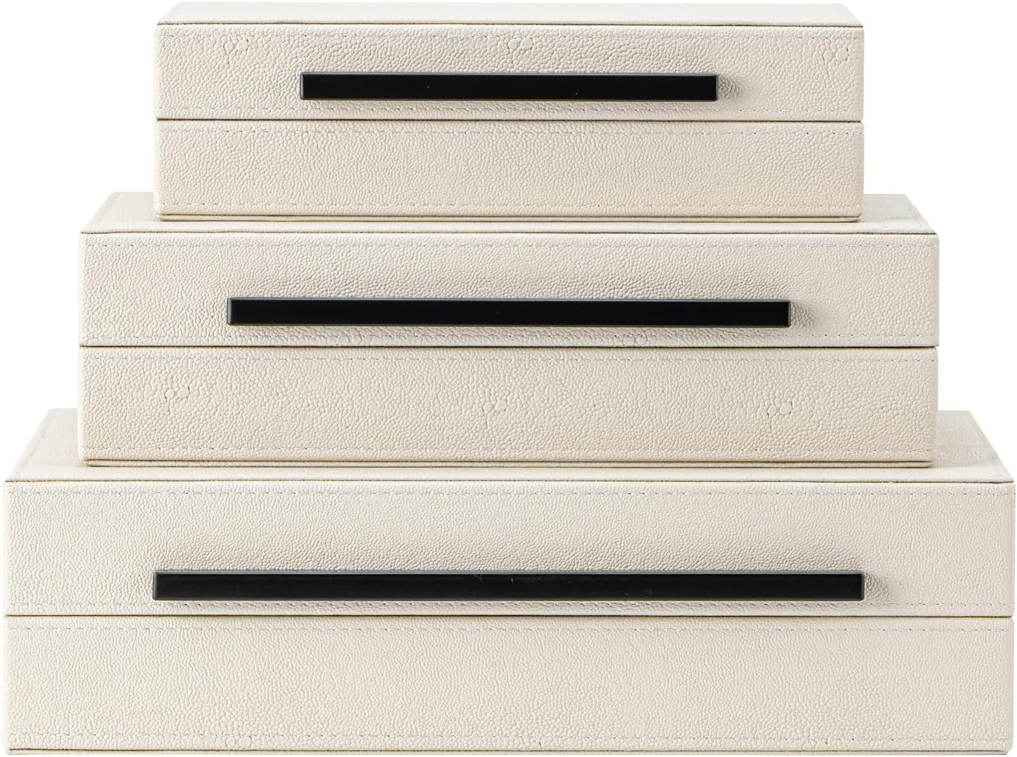 XIGEXIGE Set of 3 Beige Shagreen Decorative Storage Boxes with Black Metal Handles –Faux Leather Large Modern Stackable Nesting Jewelry Box with Lids Organizer