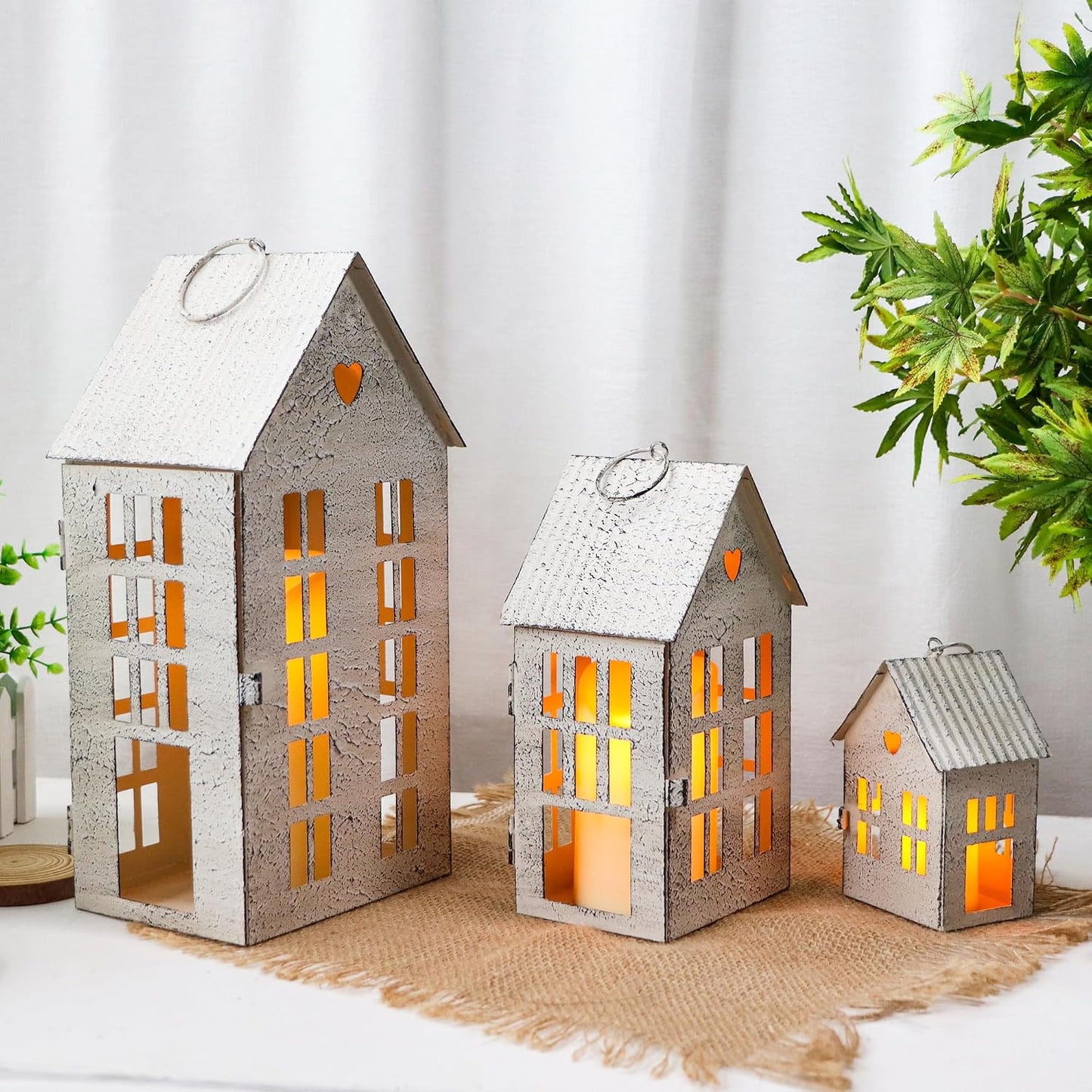 TRIROCKS 3 Pcs Decorative Mantel Shelf Tea Light Lanterns 13.5"&9.5"&5.5"H Village Farmhouse House Candle Holders for Home Decor Patio Wedding Parties Christmas Ornaments Indoors Outdoors(Cream White)