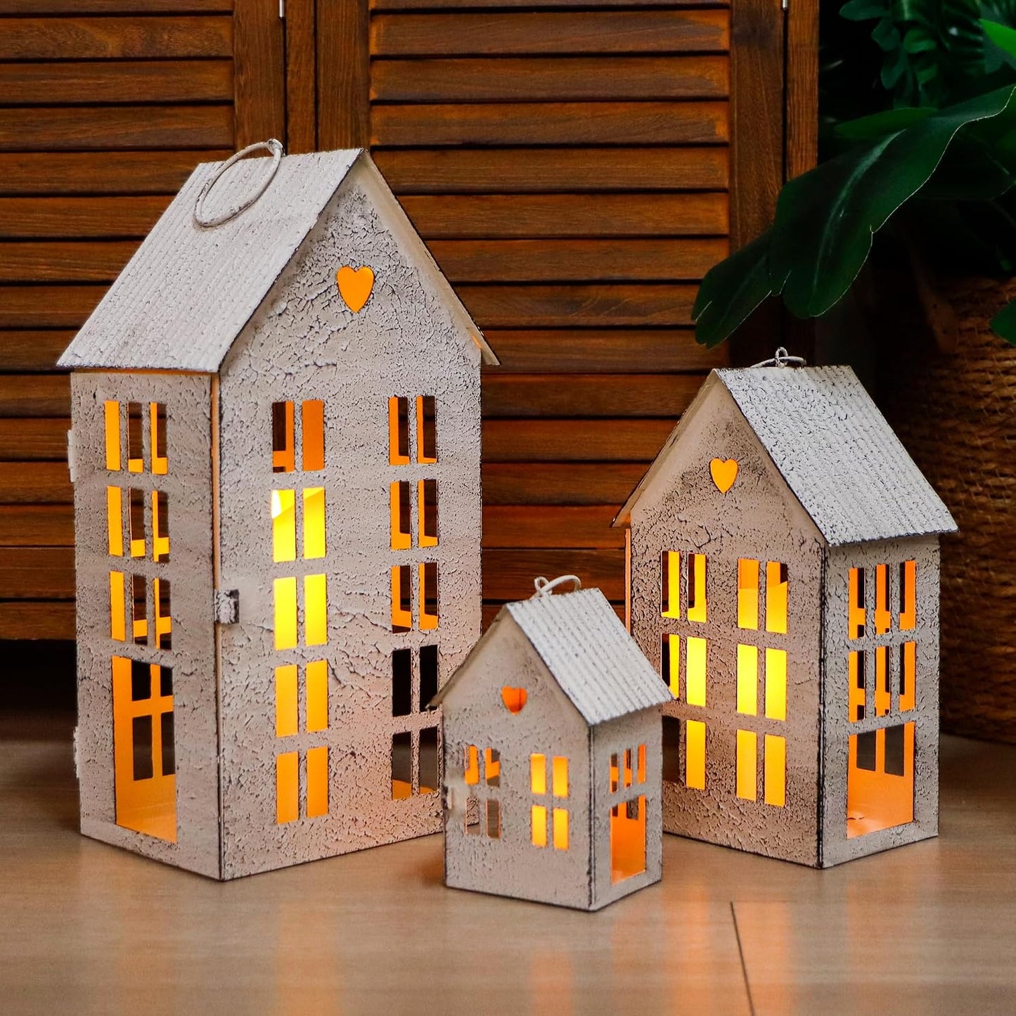 TRIROCKS 3 Pcs Decorative Mantel Shelf Tea Light Lanterns 13.5"&9.5"&5.5"H Village Farmhouse House Candle Holders for Home Decor Patio Wedding Parties Christmas Ornaments Indoors Outdoors(Cream White)