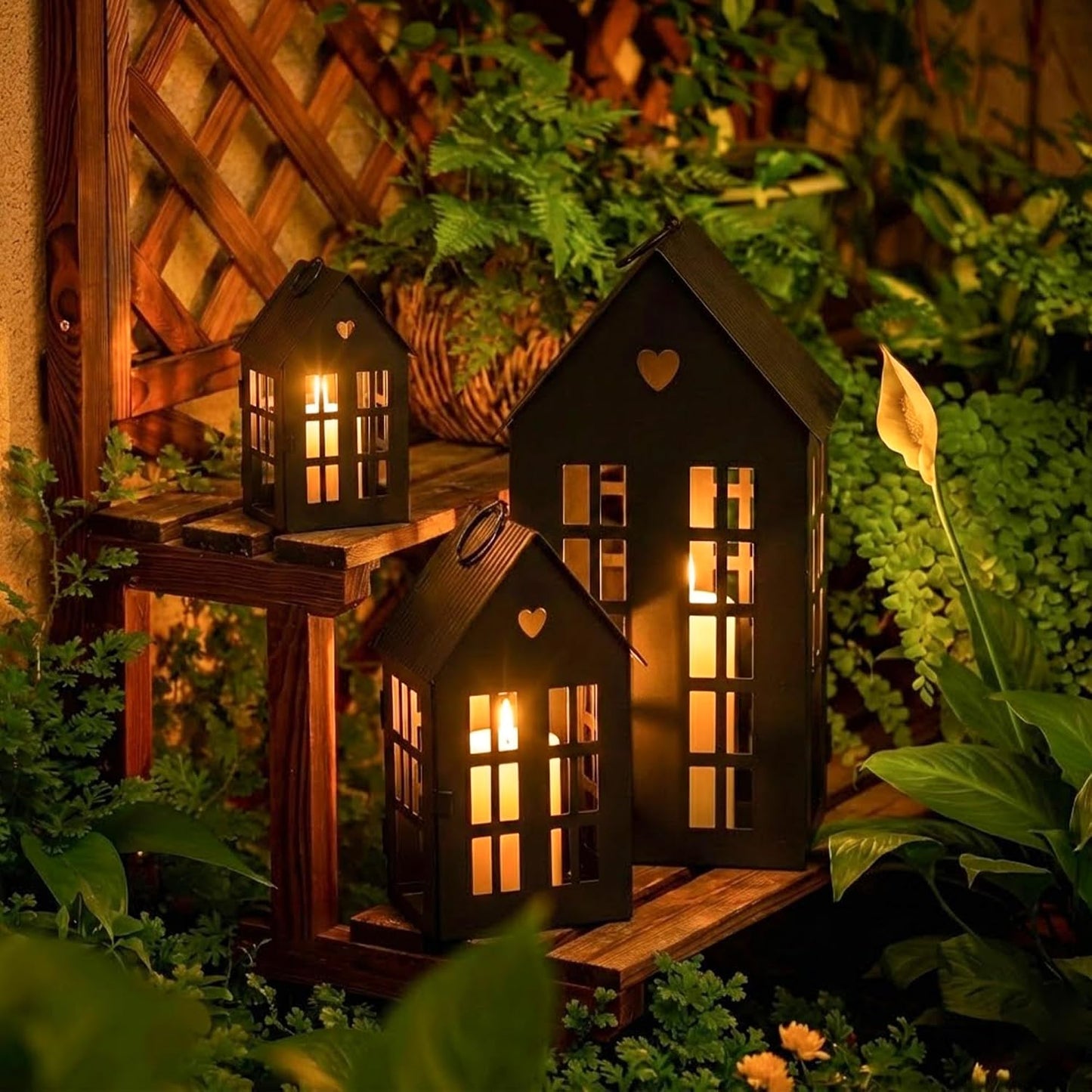 TRIROCKS 3 Pcs Decorative Mantel Shelf Tea Light Lanterns 13.5"&9.5"&5.5"H Village Farmhouse House Candle Holders for Home Decor Patio Wedding Parties Christmas Ornaments Indoors Outdoors(Cream White)