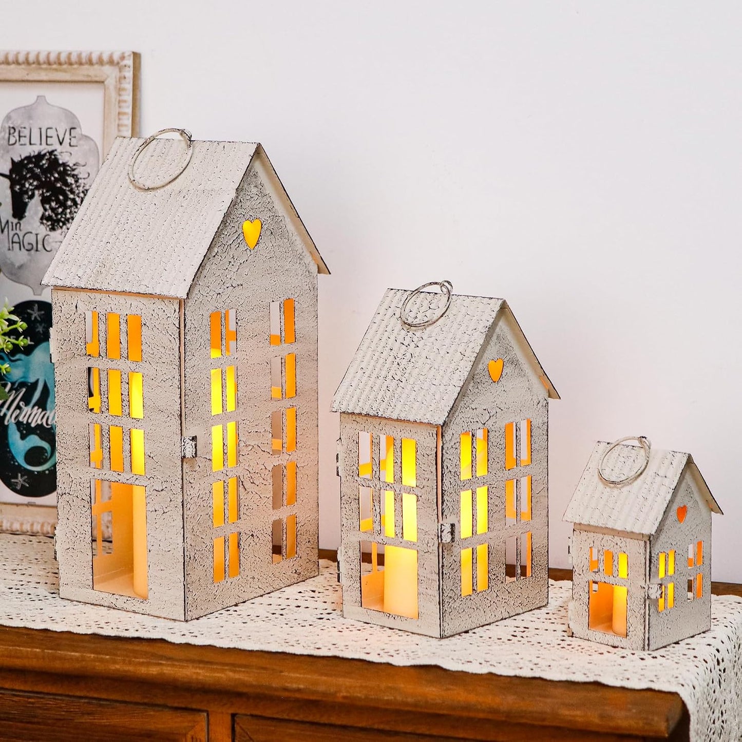 TRIROCKS 3 Pcs Decorative Mantel Shelf Tea Light Lanterns 13.5"&9.5"&5.5"H Village Farmhouse House Candle Holders for Home Decor Patio Wedding Parties Christmas Ornaments Indoors Outdoors(Cream White)