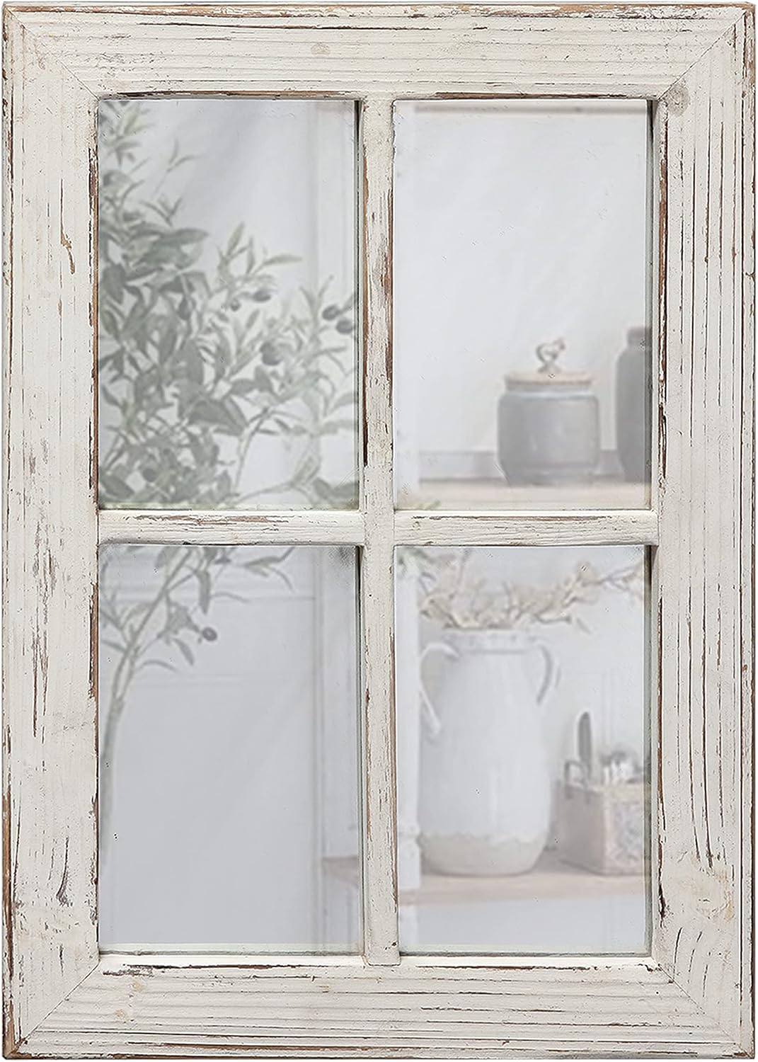 Rustic Small Window Pane Mirror Wall Decor 11" x 16" | Handmade Distressed White, Hanging Farmhouse Rectangle Wood Frame Decorative Mirrors for Living Room Bedroom Christmas