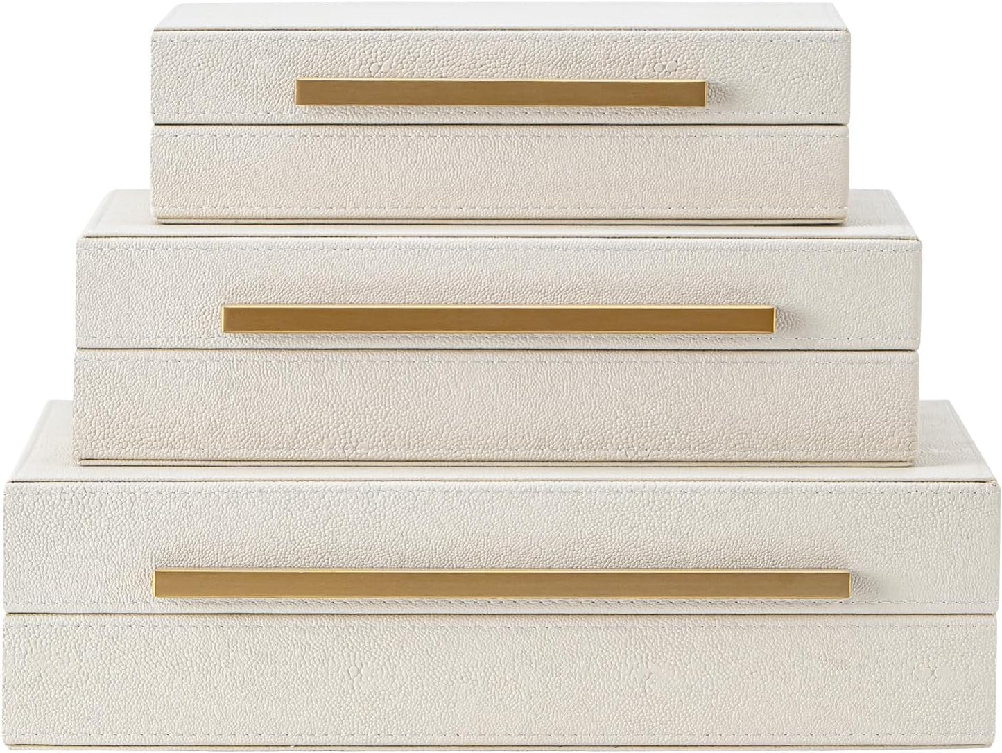 XIGEXIGE Set of 3 Beige Shagreen Decorative Storage Boxes with Black Metal Handles –Faux Leather Large Modern Stackable Nesting Jewelry Box with Lids Organizer