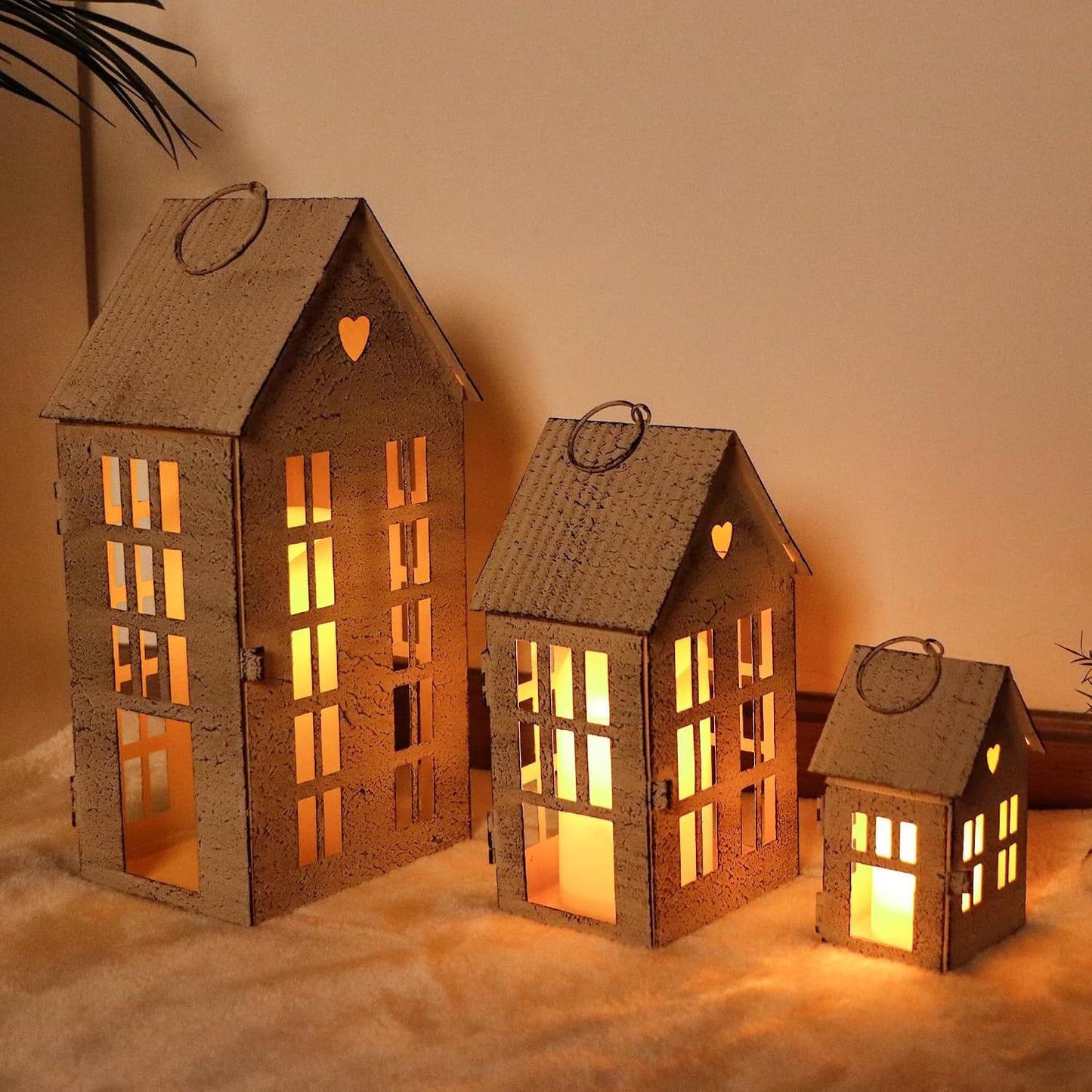 TRIROCKS 3 Pcs Decorative Mantel Shelf Tea Light Lanterns 13.5"&9.5"&5.5"H Village Farmhouse House Candle Holders for Home Decor Patio Wedding Parties Christmas Ornaments Indoors Outdoors(Cream White)