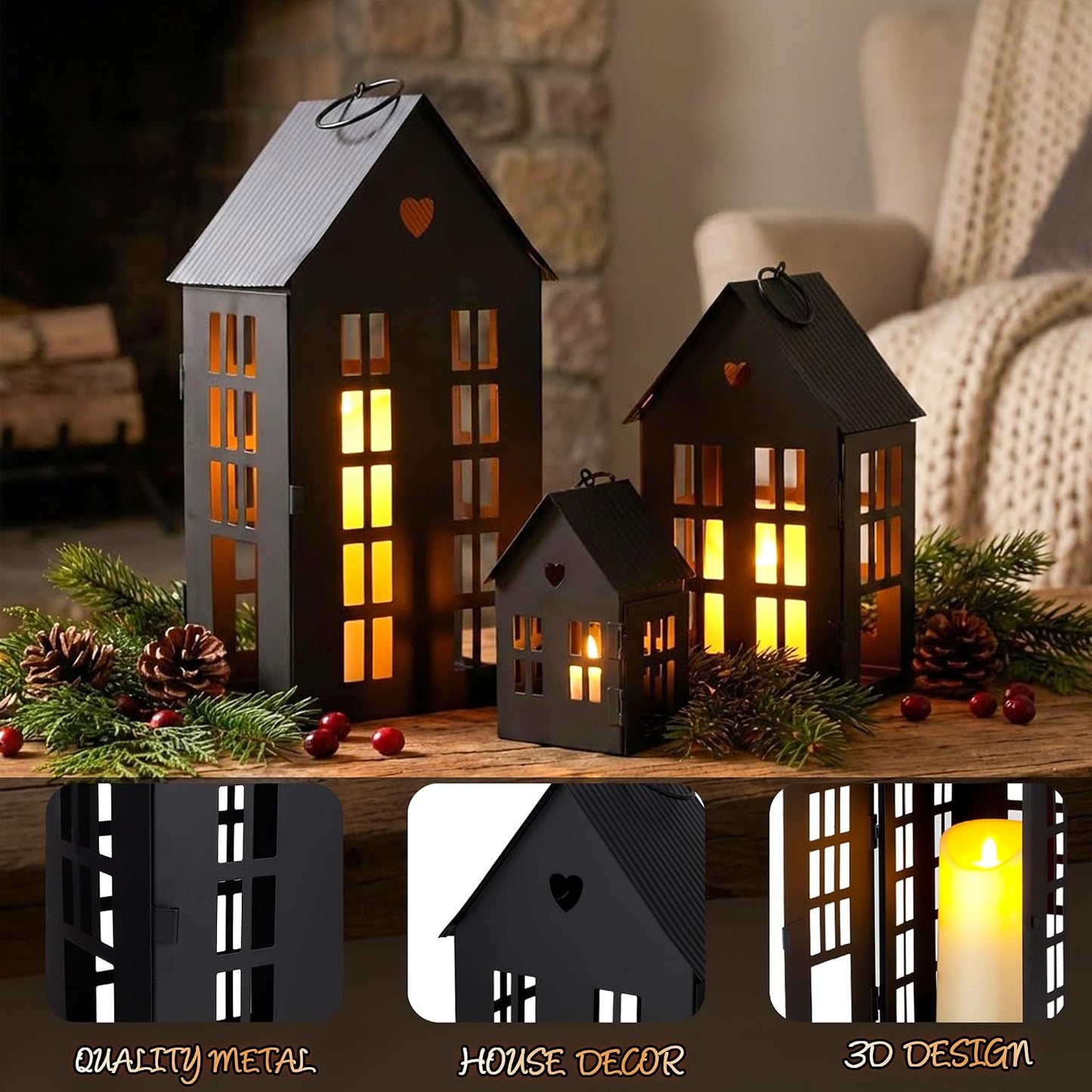 TRIROCKS 3 Pcs Decorative Mantel Shelf Tea Light Lanterns 13.5"&9.5"&5.5"H Village Farmhouse House Candle Holders for Home Decor Patio Wedding Parties Christmas Ornaments Indoors Outdoors(Cream White)